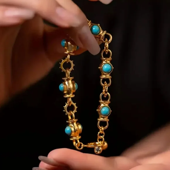 18 KT Gold Over Titanium Turquoise Bracelet - Picture 2 of 3